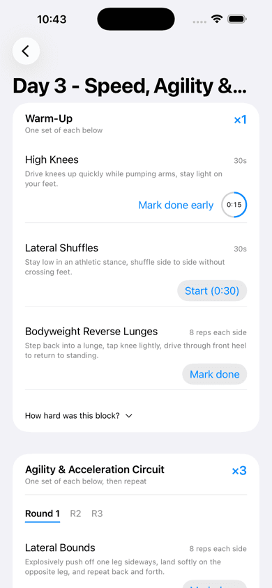 A guided training session in AI Personal Trainer, showing an exercise with an active rest timer