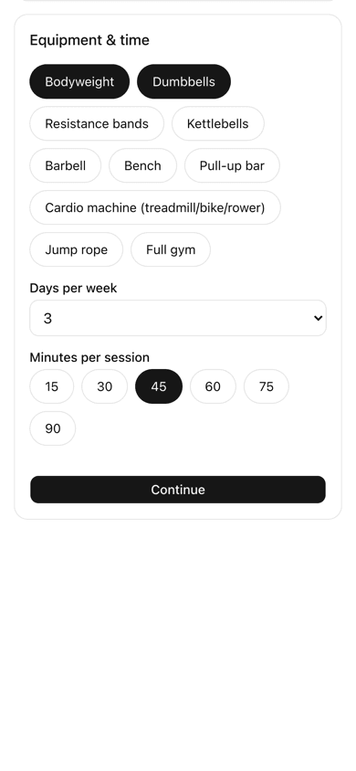 The AI Personal Trainer intake wizard, showing equipment and time selection