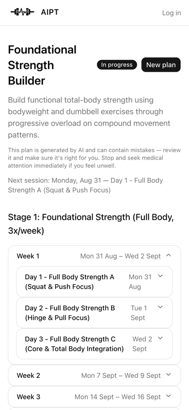 An active training plan schedule with upcoming sessions